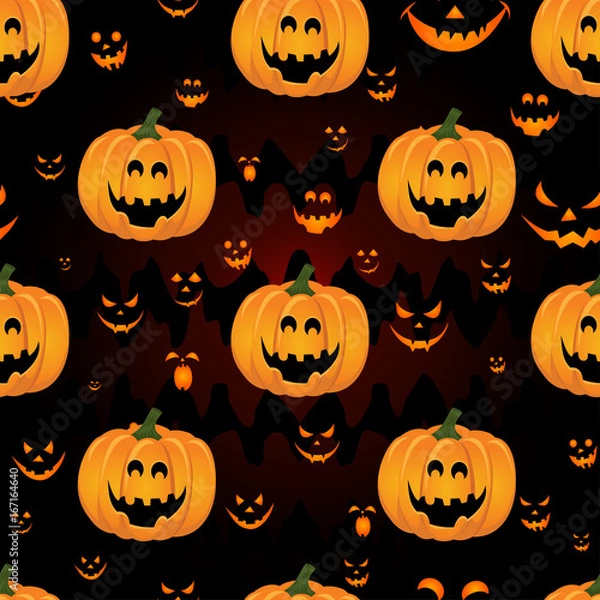 Fototapeta Abstract seamless pattern for girls,boys, kids, halloween, clothes. Creative vector background with pumpkin, scary face. Funny wallpaper for textile and fabric. Fashion style. Colorful bright.