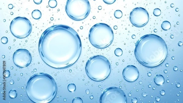 Fototapeta Clear Water Droplets on Blue Background with Soft Reflections