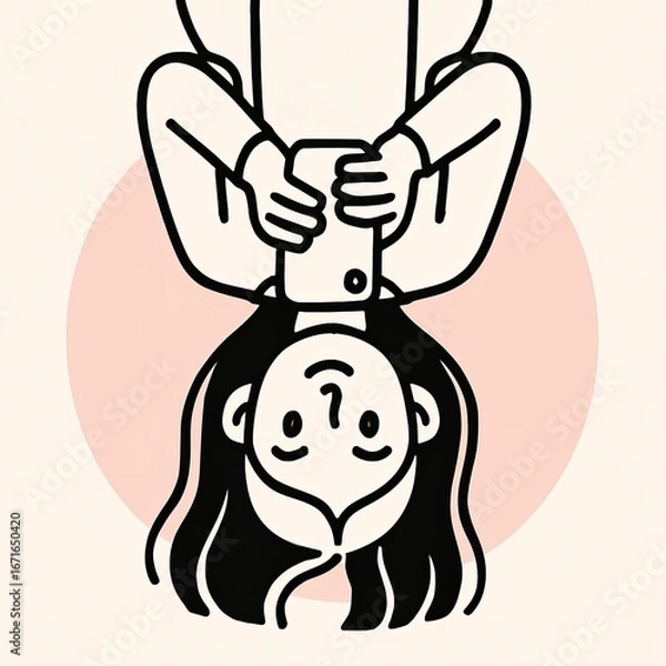 Fototapeta Line drawing half-length portrait of a girl lying upside down, using phone, lazy mood