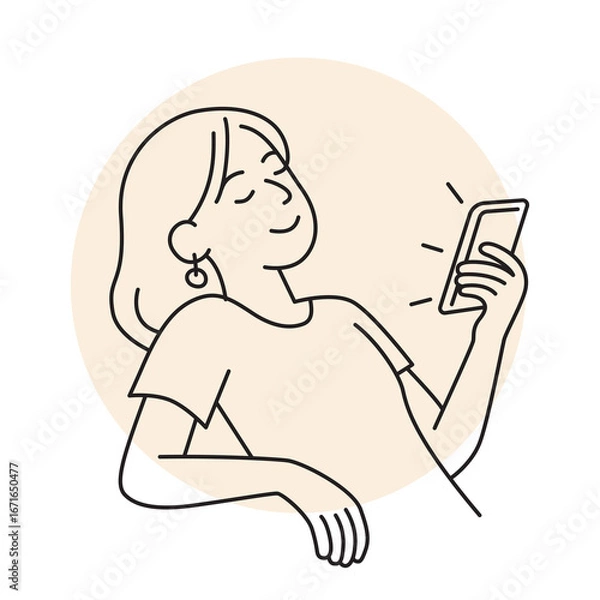 Fototapeta Minimalist line art illustration of a girl sitting on a sofa upside down, looking at smartphone, procrastinating