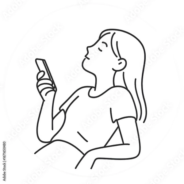 Fototapeta Minimalist line art illustration of a girl sitting on a sofa upside down, looking at smartphone, procrastinating