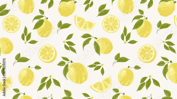 Fototapeta Seamless Summer Background With Lemons And A Flower. Marine summer drawing for postcards, prints, posters. Vector
