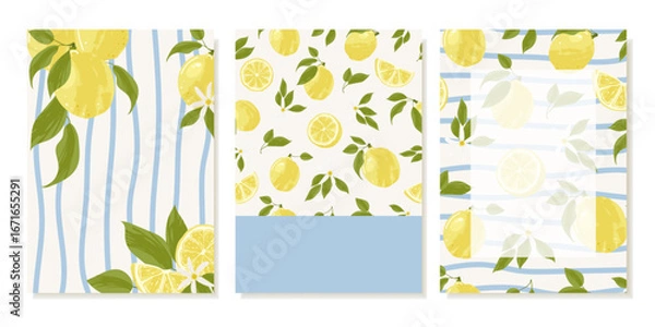 Fototapeta Summer Backgrounds With Marine Motifs With Lemons and A Blue Stripe. Vector Templates for postcards, invitations, posters and prints.