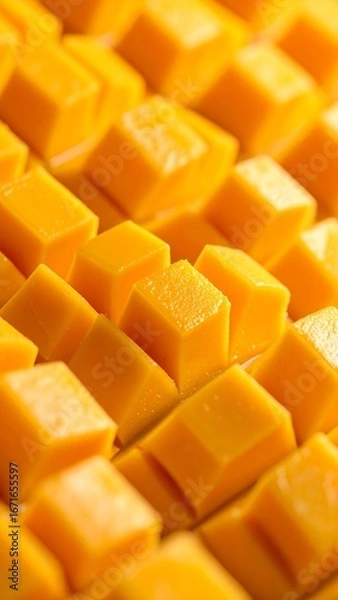 Fototapeta Freshly cut mango cubes arranged in neat rows on a wooden table at a summer gathering