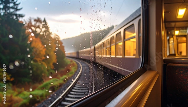 Fototapeta Train journey through autumn landscape