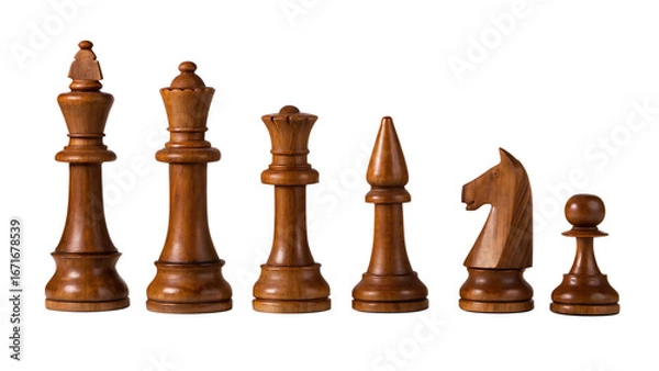 Fototapeta Wooden chess pieces king queen bishop knight pawn isolated on a transparent background