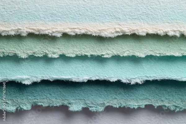 Fototapeta Close-up view of layered sheets of handmade paper, exhibiting a spectrum of soft, pastel shades of teal and mint green, with ragged edges, showcasing the textural variations of the paper.