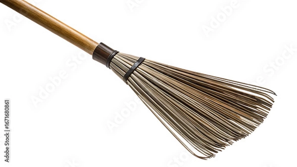 Fototapeta Wooden handled broom with natural bristles isolated on a transparent background sweeping