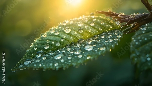Fototapeta Macro close-up shot of fresh, vibrant blueberry leaves covered in sparkling morning dew drops, natural golden backlight creating a brilliant bokeh effect, soft sunlight shining through the transparent