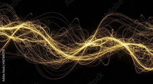 Fototapeta Elegant light trails abstract wave pattern in gold on a black backdrop design