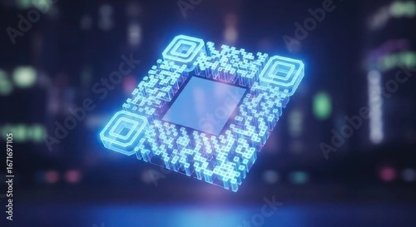 Fototapeta Futuristic glowing QR code against a city backdrop, representing modern technology and data access