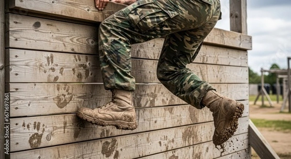 Fototapeta Grit and Determination: A Soldier's Climb over Obstacles at Military Training