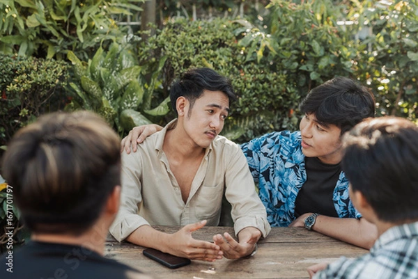 Fototapeta A sincere young Asian man shares heartbreak while a compassionate Southeast Asian friend reassures him with a comforting hand on his shoulder.