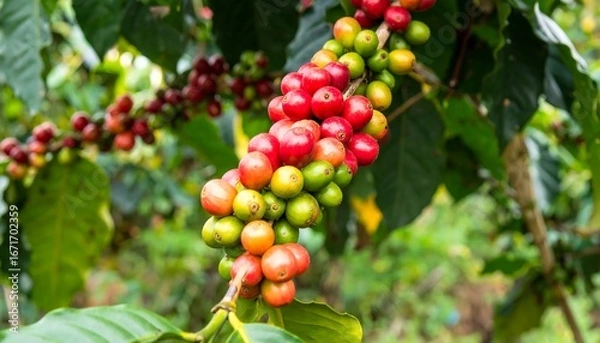 Obraz Coffee beans ripening on a branch