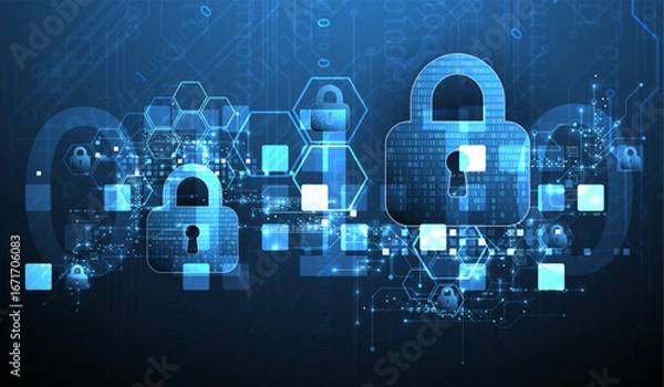 Fototapeta Abstract technological background on the topic of information protection. Various technological elements with padlocks inside which is a digital code.