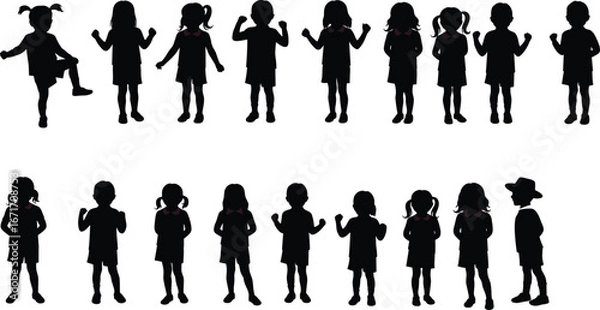 Fototapeta Silhouettes of diverse children standing and posing, showcasing childhood joy, friendship, unity, and playful expressions in vector illustration.
