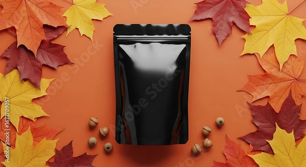 Fototapeta Glossy Black Pouch Mockup Framed by Vibrant Autumn Maple Leaves and Hazelnuts.
