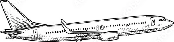 Fototapeta Hand drawing airplane in the sky. Hand-drawn sketch of a passenger airplane in flight with detailed design. Vector retro hand drawn illustration. Cargo plane