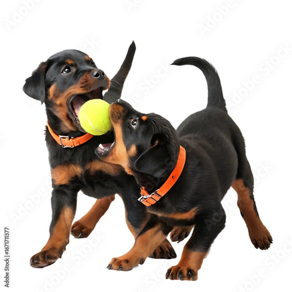 Fototapeta Two Adorable Rottweiler Puppies Playing Tug of War with a Bright Yellow Tennis Ball on a Dark Background Capturing Puppyhood Playfulness and Joy
