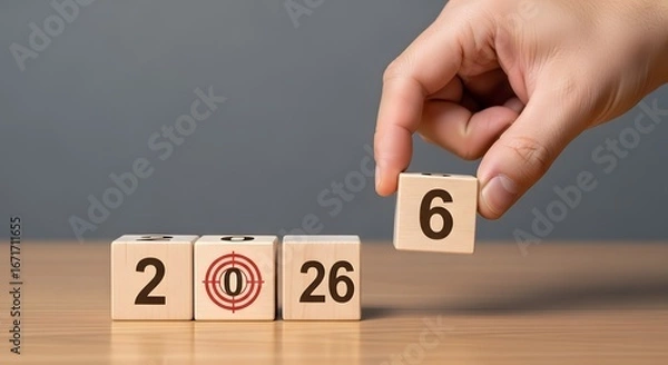 Fototapeta New year goals planning concept wooden blocks calendar 2026 hand setting target achievement strategy