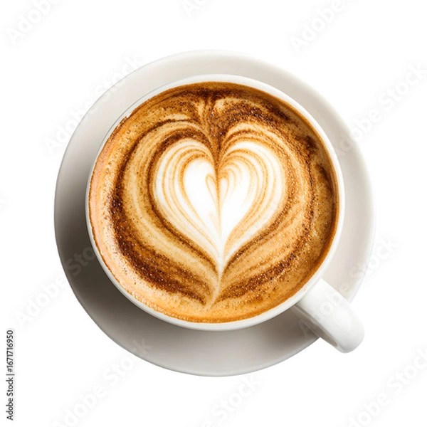 Fototapeta Delicious hot latte coffee with heart shaped foam art in a white cup and saucer isolated on transparent background