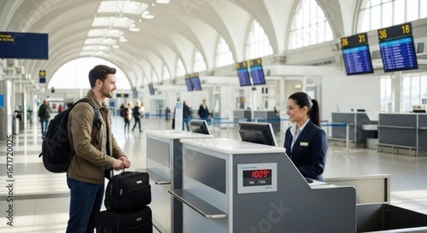 Fototapeta Efficient airport check-in: Passenger interacting with a helpful airline agent ready for travel