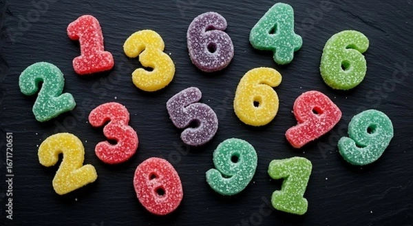Fototapeta Colorful sugar numbers scattered on a dark surface create a playful and educational arrangement, perfect for illustrating math concepts or children's learning materials.