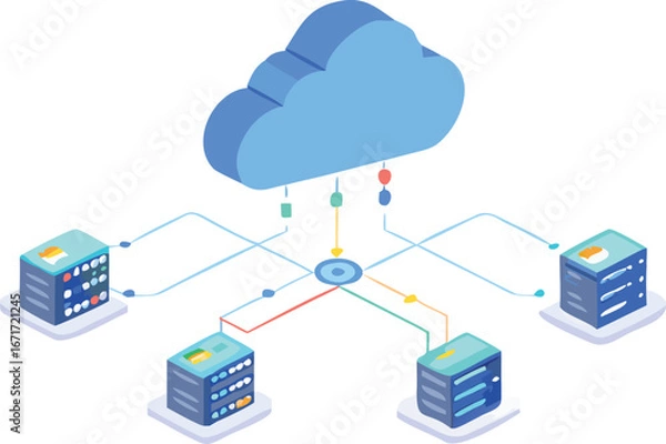 Fototapeta A cloud computing system featuring multiple interconnected servers, illustrating data storage and processing capabilities.