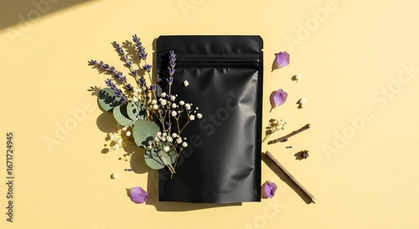 Fototapeta Minimalist Black Pouch with Dried Lavender and Eucalyptus Arrangement on Yellow Background.
