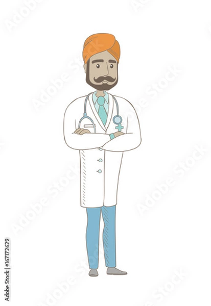 Fototapeta Young indian confident doctor with folded arms. Full length of doctor with folded arms standing in a pose signifying confidence. Vector sketch cartoon illustration isolated on white background.