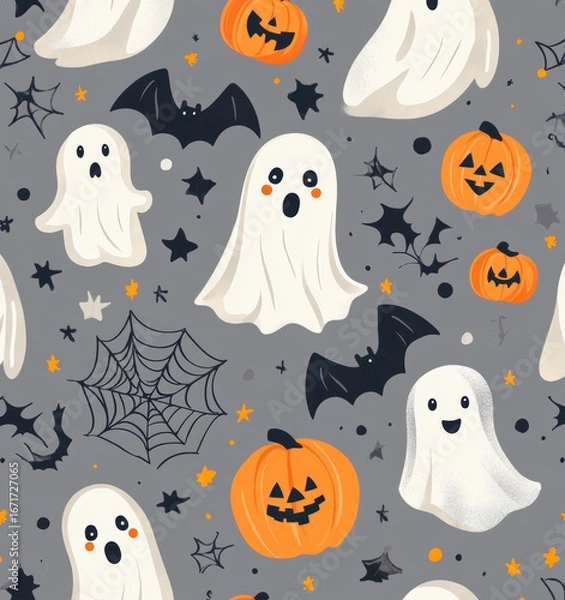 Fototapeta Halloween seamless pattern with flying bats, spider web, ghosts and pumpkins floating on gray background
