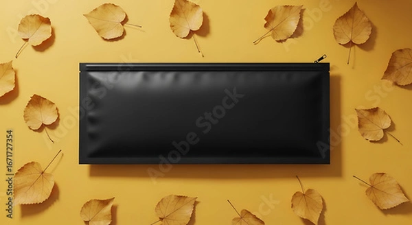 Fototapeta Stylish Black Pouch Centered on Sunny Yellow with Scattered Golden Autumn Leaves Flat Lay.