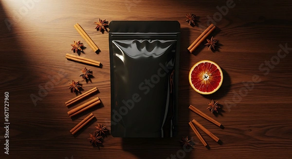 Fototapeta Overhead View - Black Pouch, Cinnamon, Star Anise, Orange Slice on Wood.
