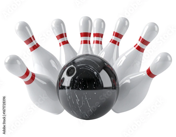 Obraz Bowling Ball Striking Pins in Mid-Air Explosion, Front Perspective, isolated on white background