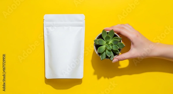 Fototapeta Minimalist Flat Lay - White Pouch and Succulent Plant Held by Hand on Vibrant Yellow Background.