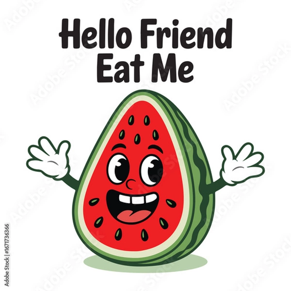 Fototapeta Watermelon fruit groovy cartoon character solid white background vector