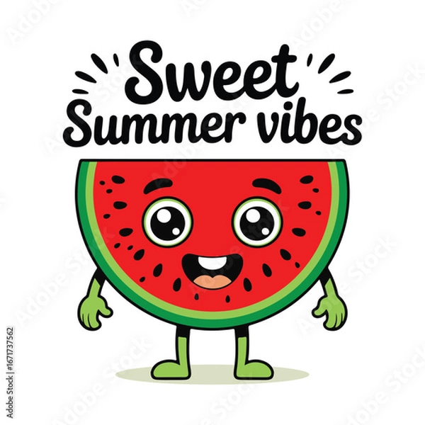 Fototapeta Watermelon fruit groovy cartoon character solid white background vector