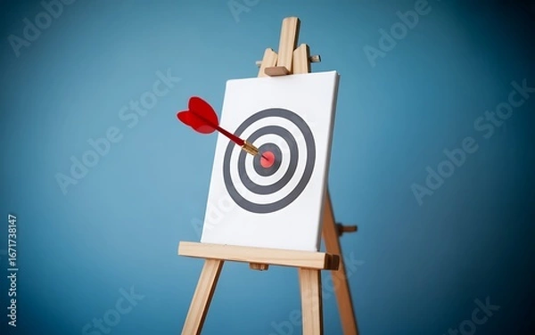Obraz Conceptual image of an arrow hitting the center of a target, symbolizing goals, objectives, strategy, and achieving success against a blue background