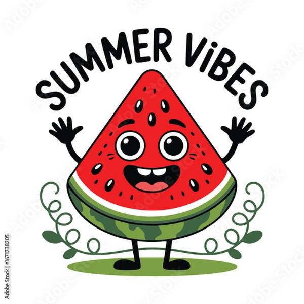 Fototapeta Watermelon fruit groovy cartoon character solid white background vector