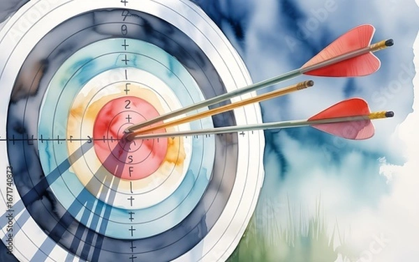 Obraz Artistic watercolor illustration of three arrows precisely hitting the bullseye of an archery target, symbolizing success, goal achievement, and strategic business accuracy