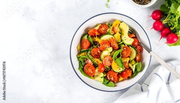 Fototapeta Vibrant salad of cherry tomatoes, zucchini, and spinach in a bowl, with radishes and seasonings nearby