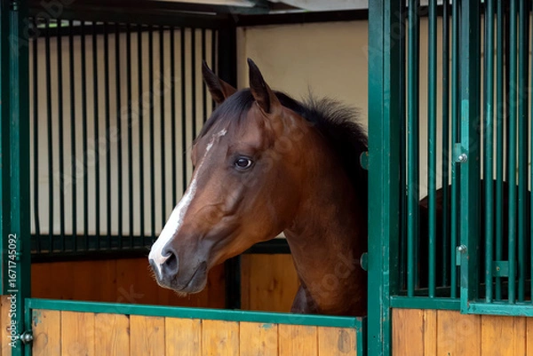 Fototapeta Portrait of a beautiful bay horse standing in a stall in the stable