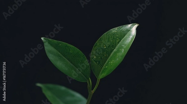 Fototapeta Emerald leaves etched with digital circuitry celebrate Earth Day's fusion of nature and technology, whispering eco-conscious marvels