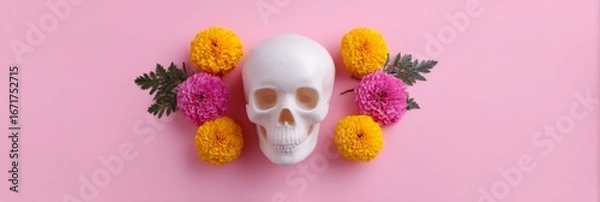Fototapeta Ivory skull encircled by vibrant marigolds and chrysanthemums on soft pink canvas, invoking Dia de los Muertos reverie