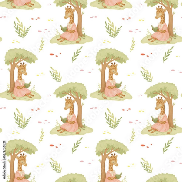 Fototapeta Seamless watercolor pattern with giraffe in dress reading a book under a tree on transparent background