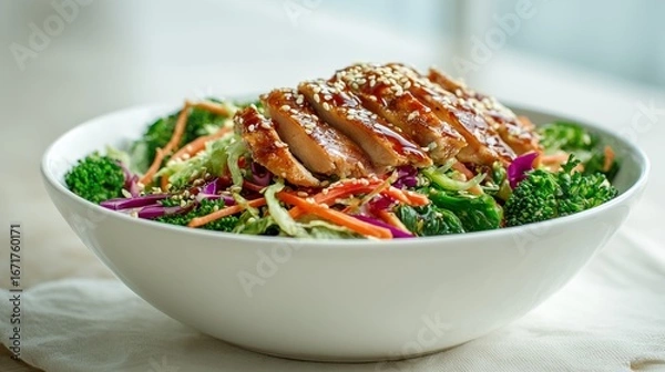 Fototapeta Asian style chicken salad with broccoli, carrot, red cabbage and sesame seeds in white bowl close up 