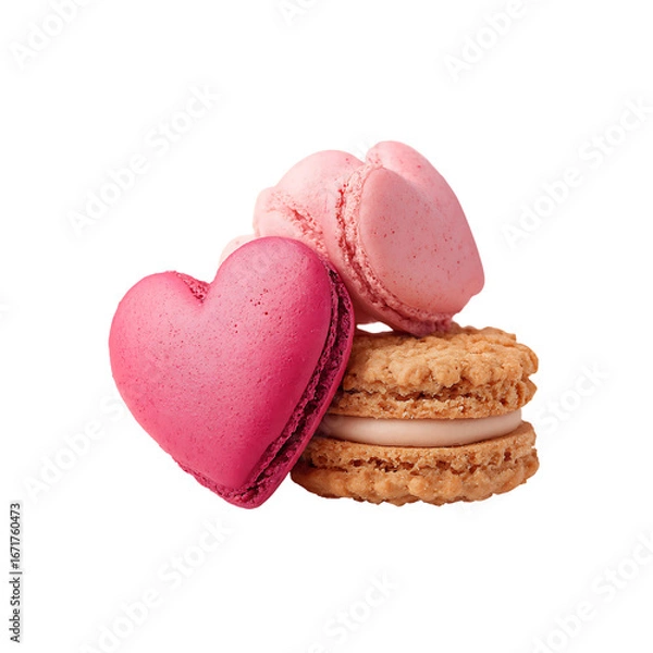 Fototapeta Heart shaped pink macaroons and cookies isolated on a transparent background, in a PNG format