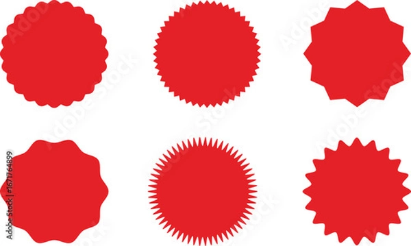 Fototapeta Set of red starburst, starburst labels. Starburst black sticker set - collection of special offer sale round and oval sunburst labels