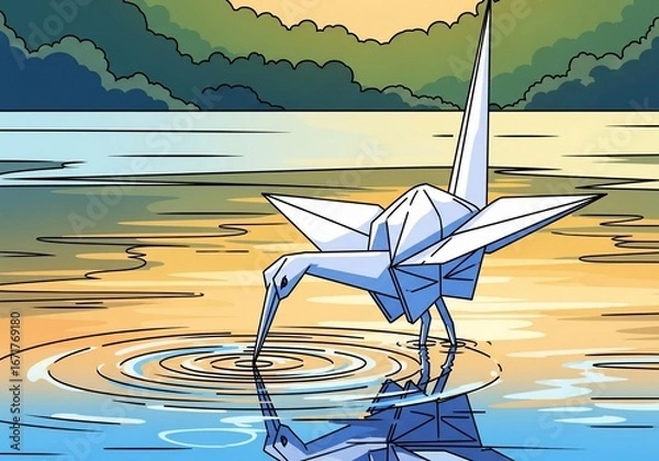 Fototapeta Paper crane illustration showing water reflection, origami bird made of paper. Paper crane illustration represents art of folding paper for decoration or crafts,