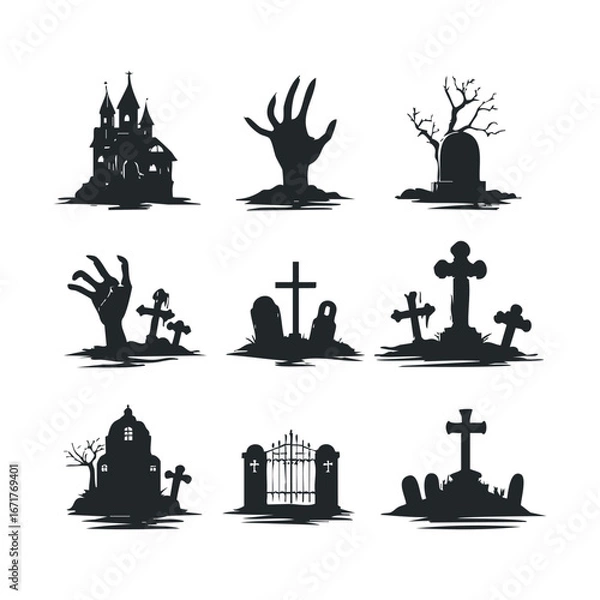 Fototapeta Eerie Halloween graveyard designs for spooky decorations and events. Halloween vector illustration